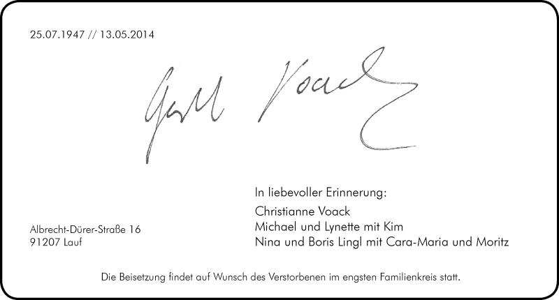  Traueranzeige für Gerhard Voack vom 15.05.2014 aus Pegnitz-Zeitung